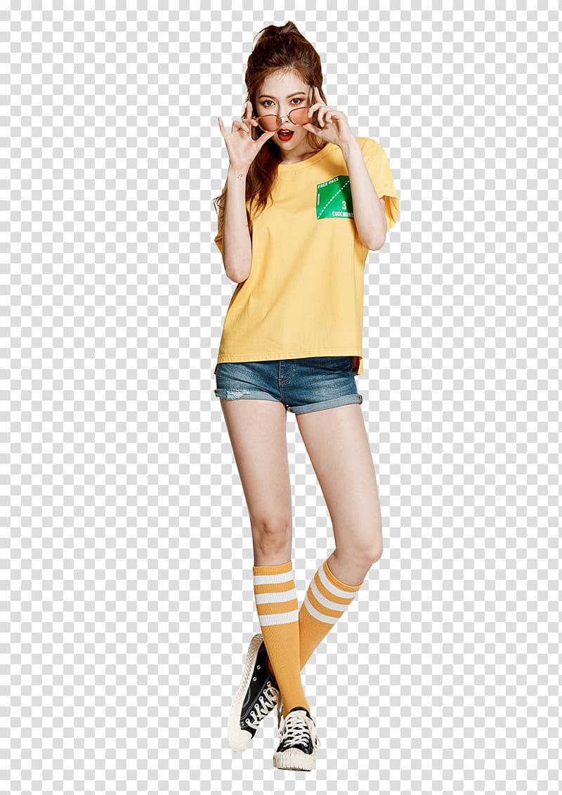 HYUNA, woman wearing yellow crew-neck shirt holding her sunglasses transparent background PNG clipart