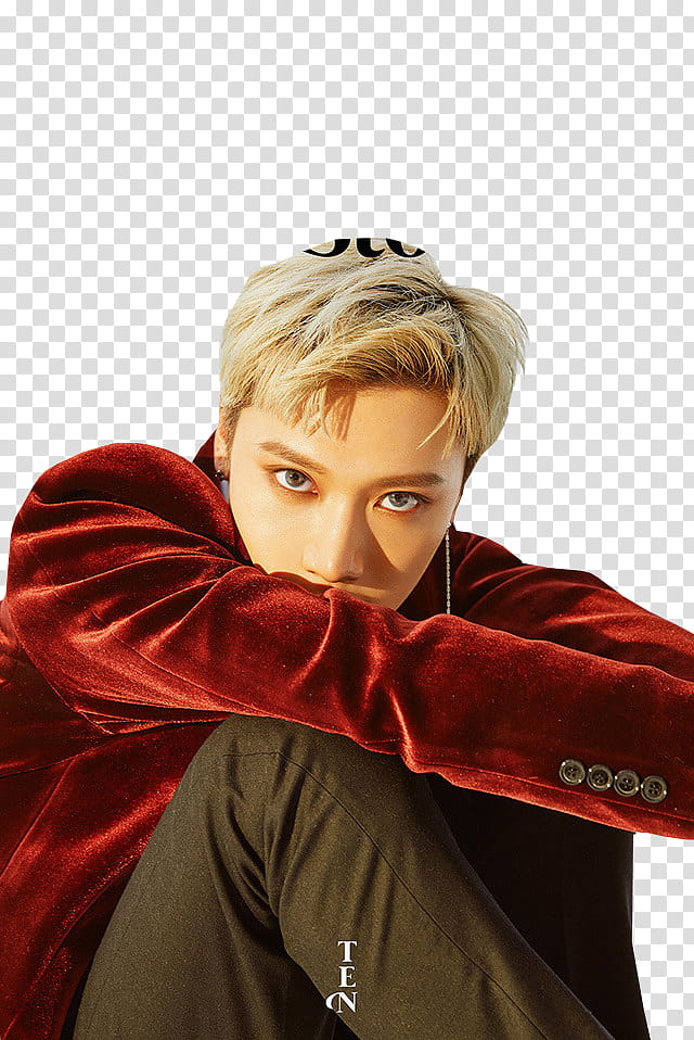 TEN AND TAEYONG NCT BA, man in red suede jacket and brown pants sitting transparent background PNG clipart