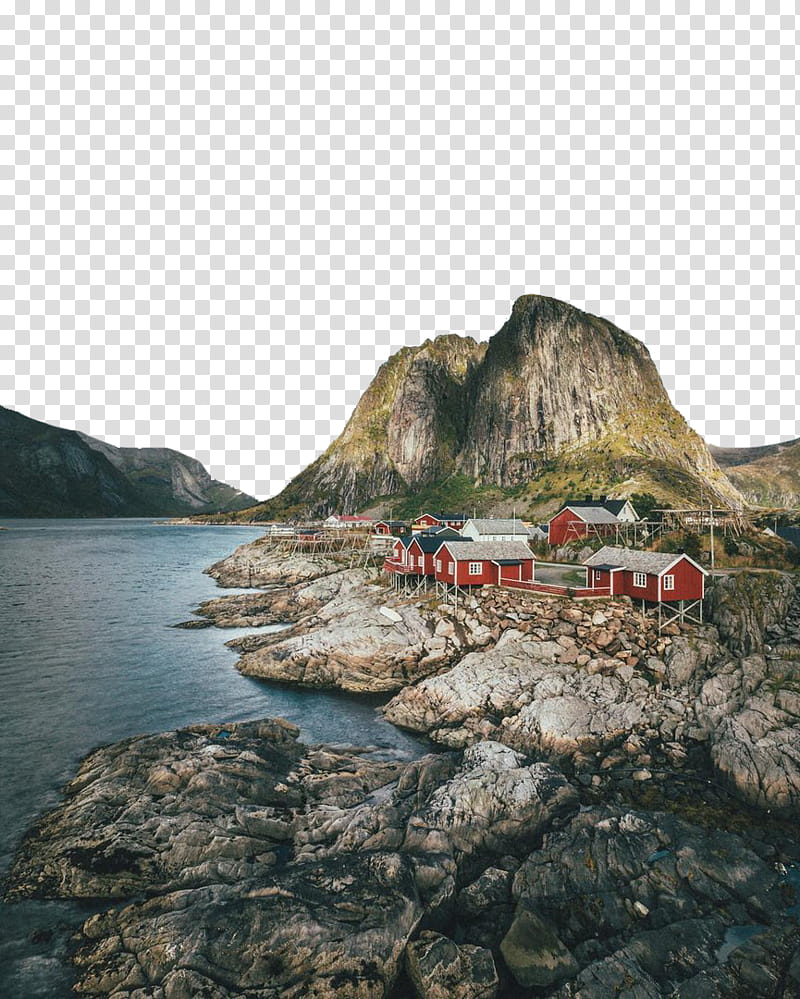 , red houses near rock mountain and body of water transparent background PNG clipart