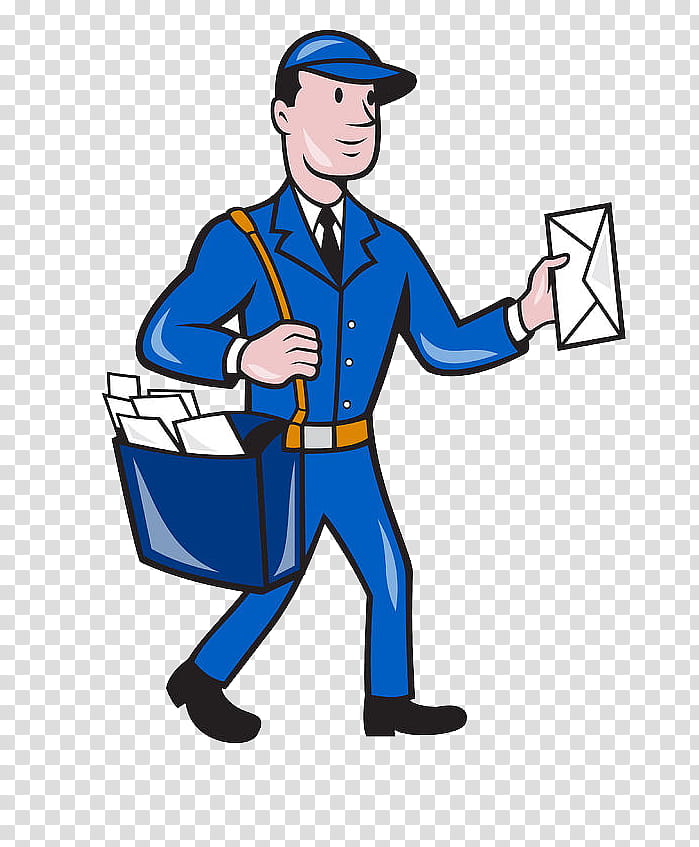 Mail Carrier Standing, Cartoon, Drawing, Email, Male, Headgear, Uniform, Outerwear transparent background PNG clipart