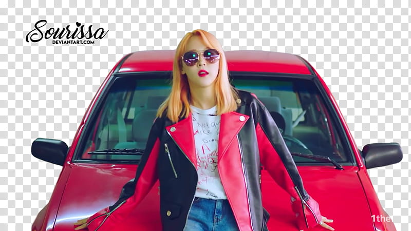 MOONBYUL MAMAMOO, woman sitting in front of red car transparent background PNG clipart