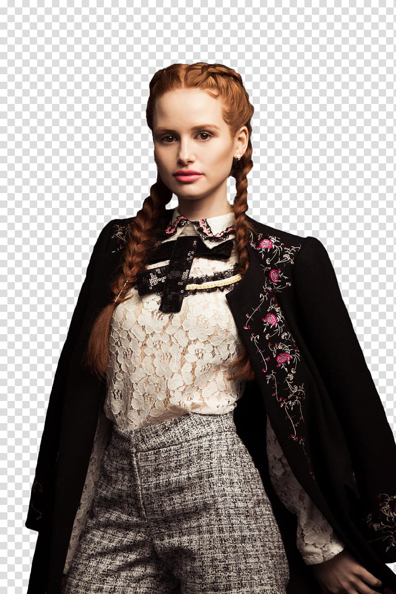 MADELAINE PETSCH, woman in black and pink floral coat transparent background PNG clipart