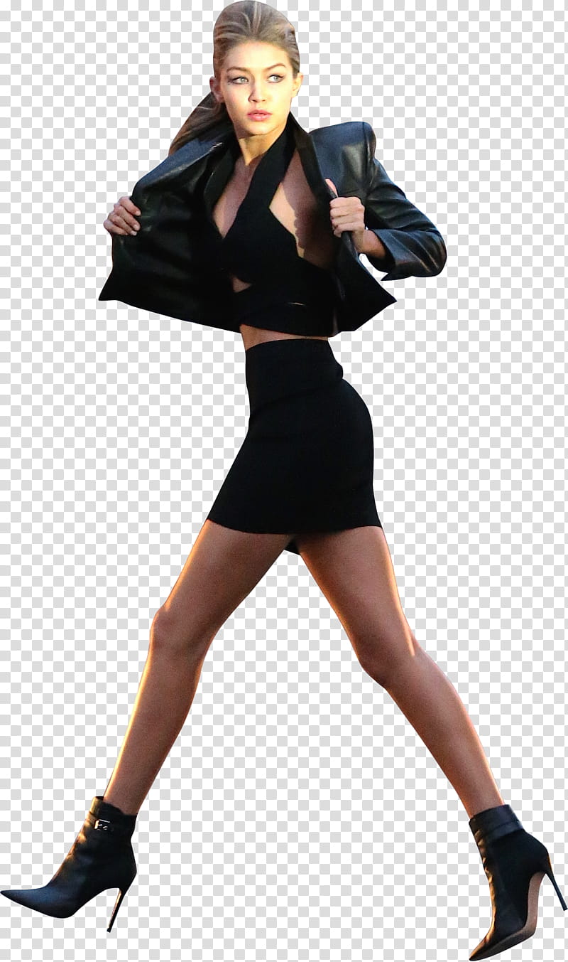 Gigi Hadid, Gigi Hadid wearing black leather blazer and black mini skirt transparent background PNG clipart