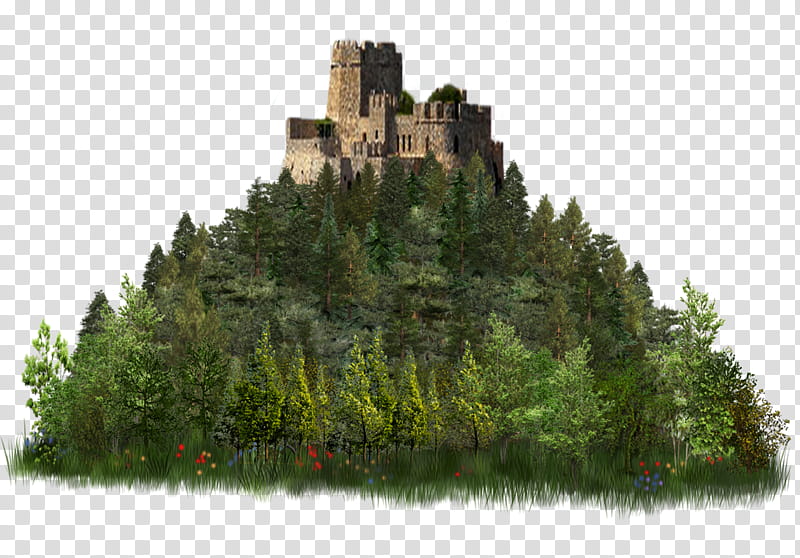 Five nature scenes , gray concrete castle transparent background PNG clipart