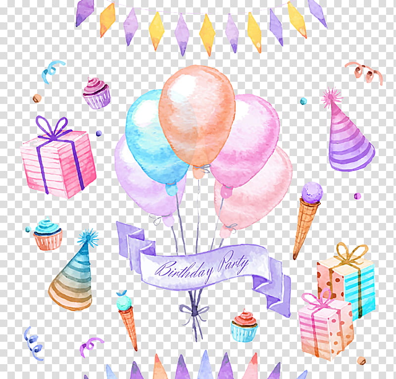 Birthday Party, Birthday
, Balloon, Gift, Greeting Note Cards, Poster, Watercolor Painting, Party Supply transparent background PNG clipart