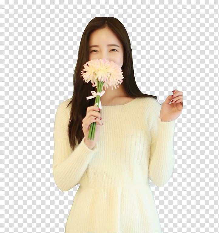 ULZZANG, woman holding beige petaled flower transparent background PNG clipart