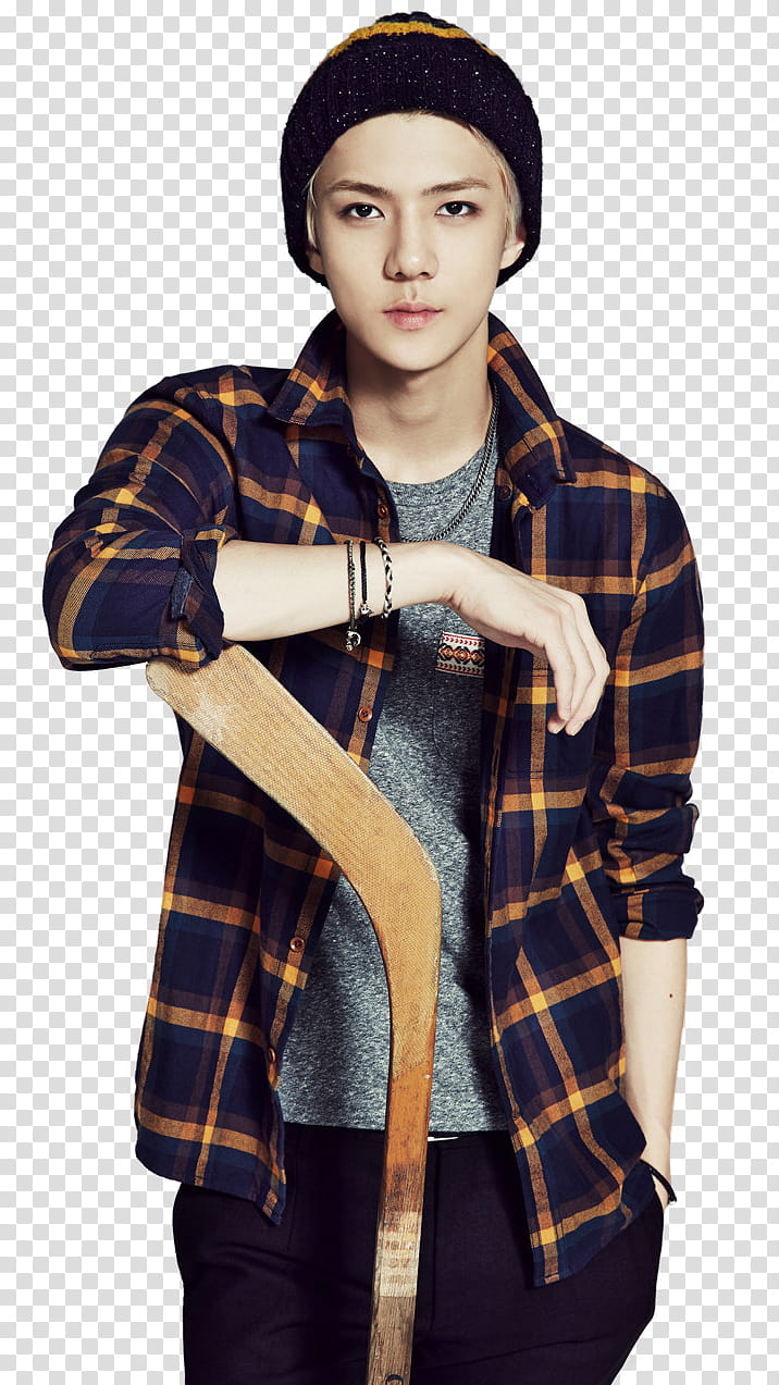 Sehun EXO render, man leaning on brown wooden ice hockey stick transparent background PNG clipart