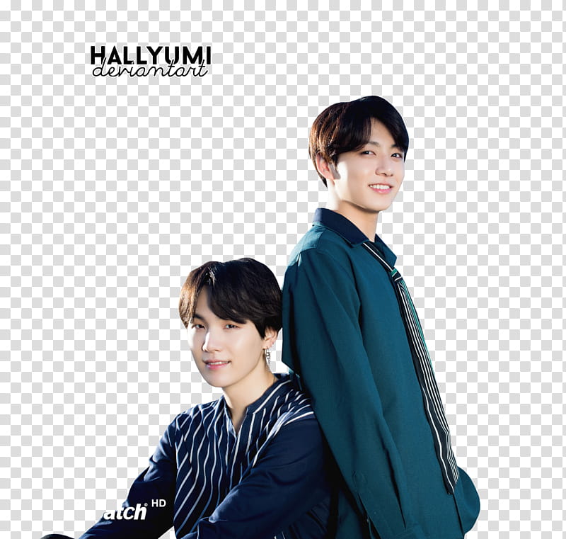 JungKook and Suga BTS TH ANNIVERSARY, two smiling man back to back transparent background PNG clipart
