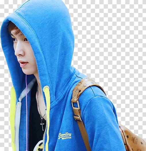 Yixing, boy wearing blue hoodie carrying brown leather back transparent background PNG clipart