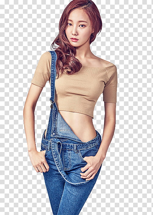 MOMOLAND, woman in blue denim dungaree pants transparent background PNG clipart