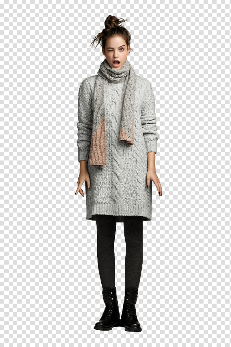 Barbara Palvin, standing woman in gray sweater and black pants transparent background PNG clipart