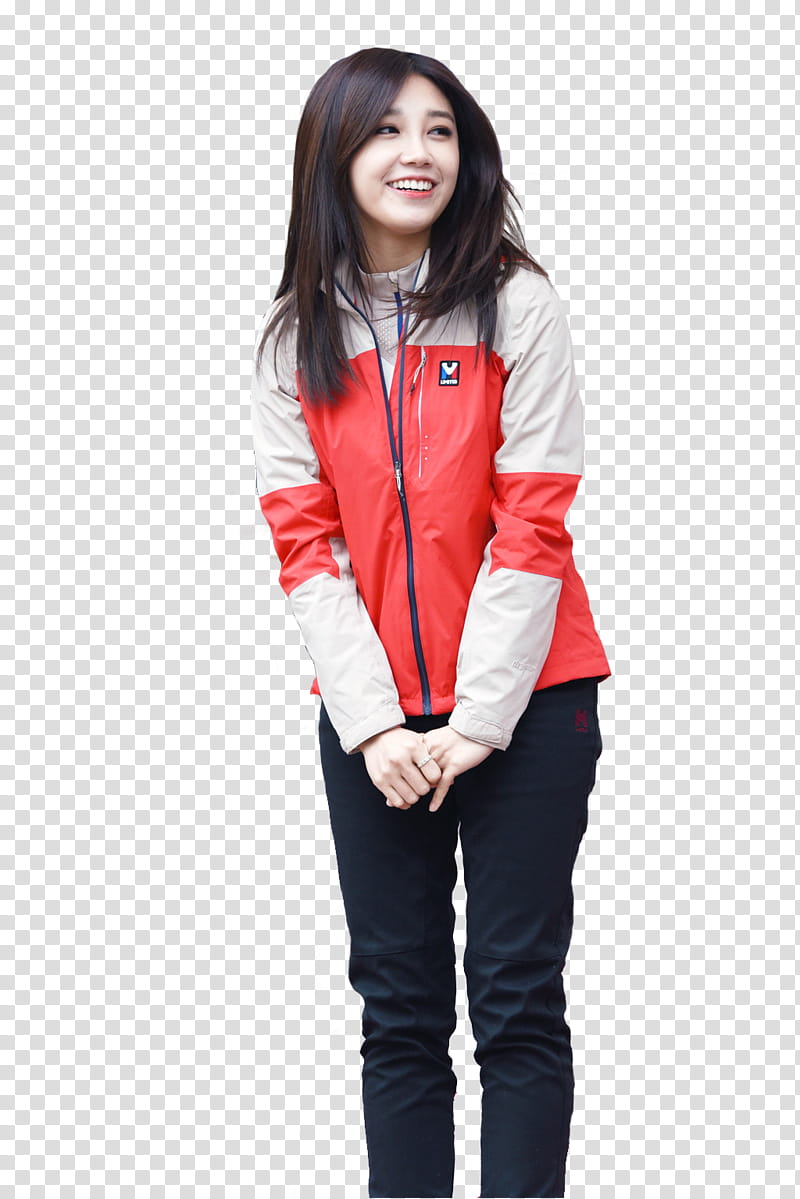 Apink EunJi, woman in white and red zip-up jacket standing transparent background PNG clipart