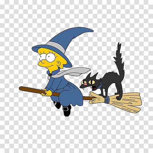 drawing of Liza Simpson as a witch on a flying broom and a black cat transparent background PNG clipart