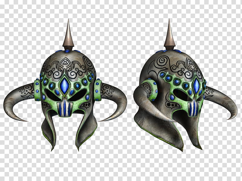 Fantasy Helmets , two gray-and-green masks with horns transparent background PNG clipart