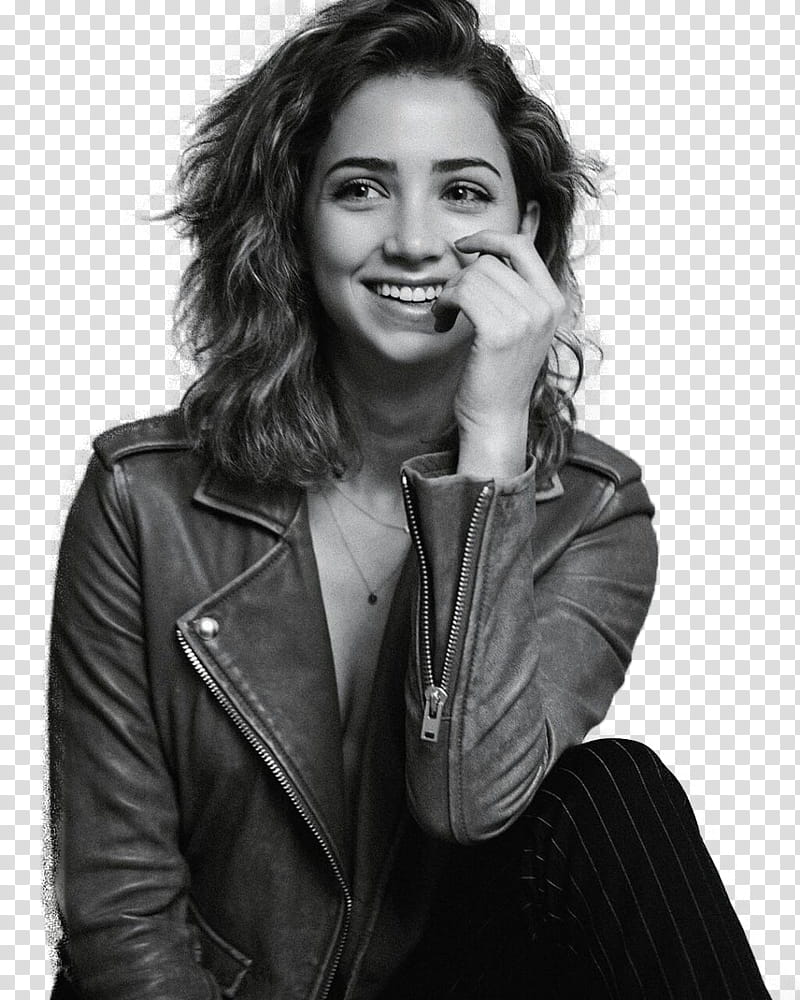 Emily Rudd, smiling woman wearing leather jacket transparent background PNG clipart