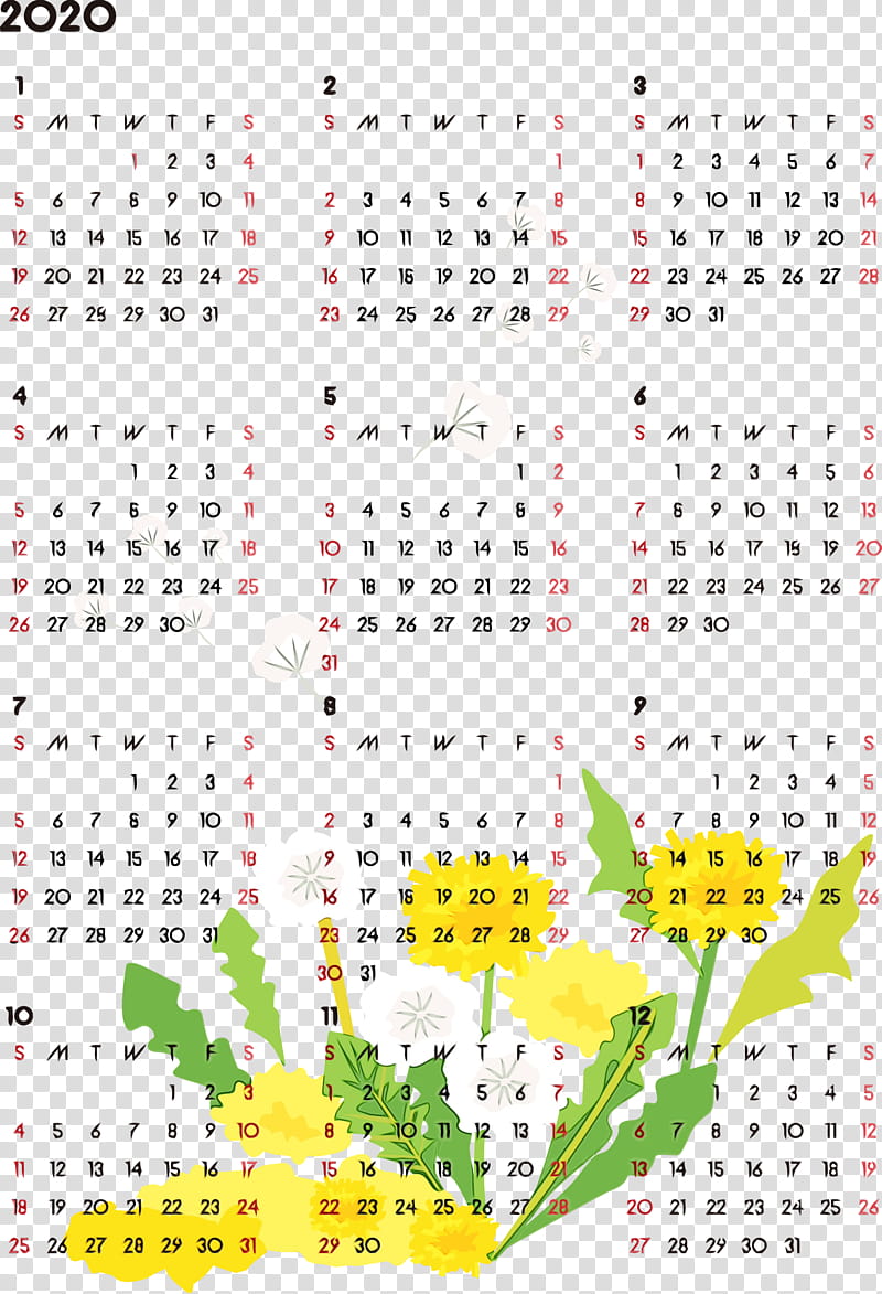 text calendar yellow font line, 2020 Yearly Calendar, Printable 2020 Yearly Calendar, Year 2020 Calendar, Watercolor, Paint, Wet Ink transparent background PNG clipart