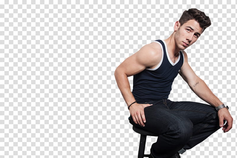 Nick Jonas , man sitting on stool transparent background PNG clipart