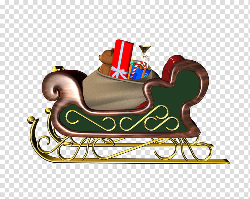 D Xmas Stuff, brown and green sleigh transparent background PNG clipart