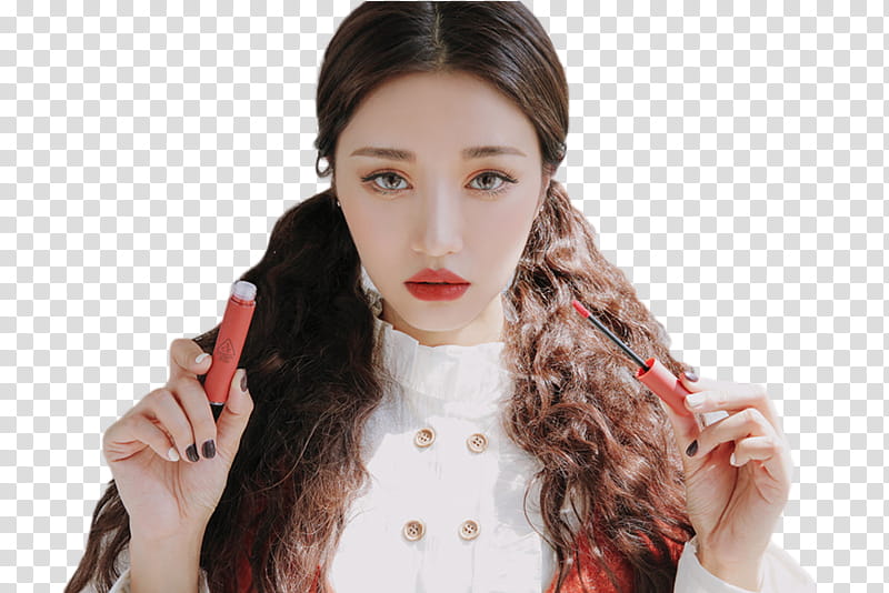 Park Sora STYLENANDA, woman holding red liquid matte lipstick transparent background PNG clipart