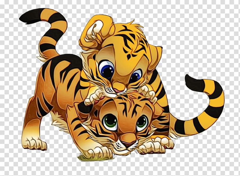 animated cartoon tiger cartoon terrestrial animal, Watercolor, Paint, Wet Ink, Yellow, Bengal Tiger, Animal Figure, Wildlife transparent background PNG clipart