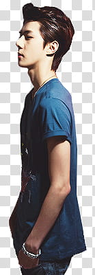 MEGA EXO PART TWO  S, man side view in blue T-shirt transparent background PNG clipart