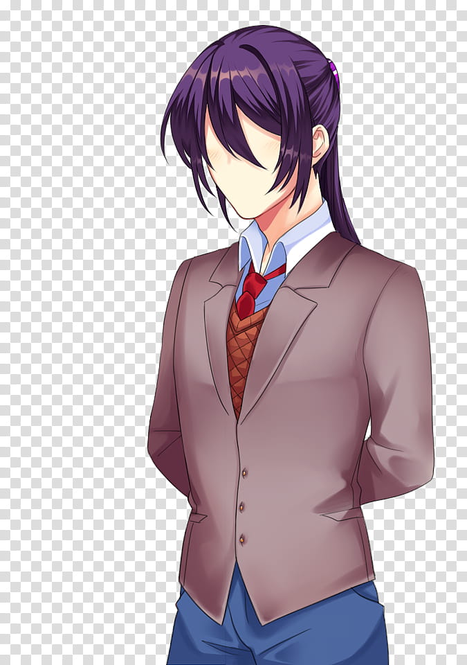 DDLC R All Character Sprites FREE TO USE, purple haired male anime character in brown blazer transparent background PNG clipart