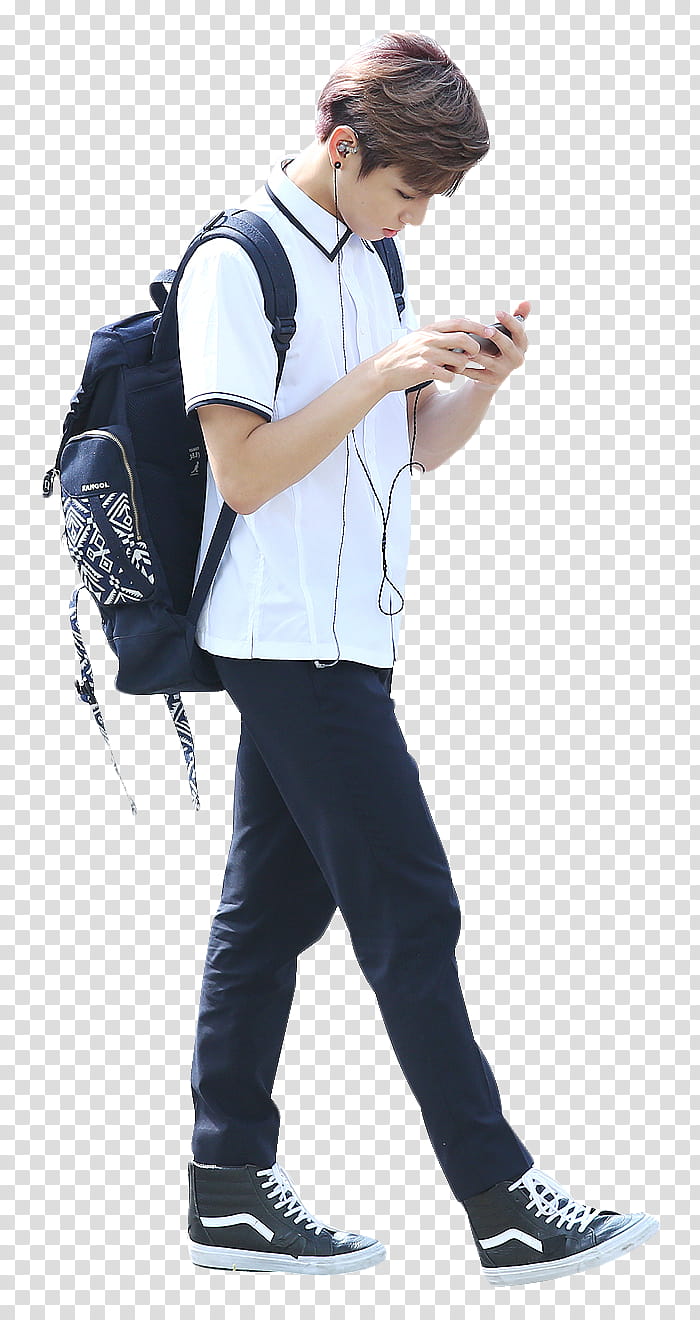 Jungkook, male walking while using smartphone with earbuds transparent background PNG clipart