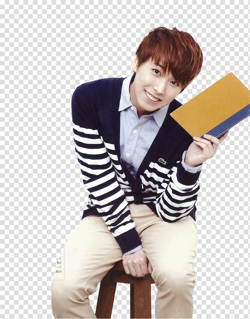 Super Junior Date with Magazine, man wearing black and white stripe cardigan holding brown notebook transparent background PNG clipart