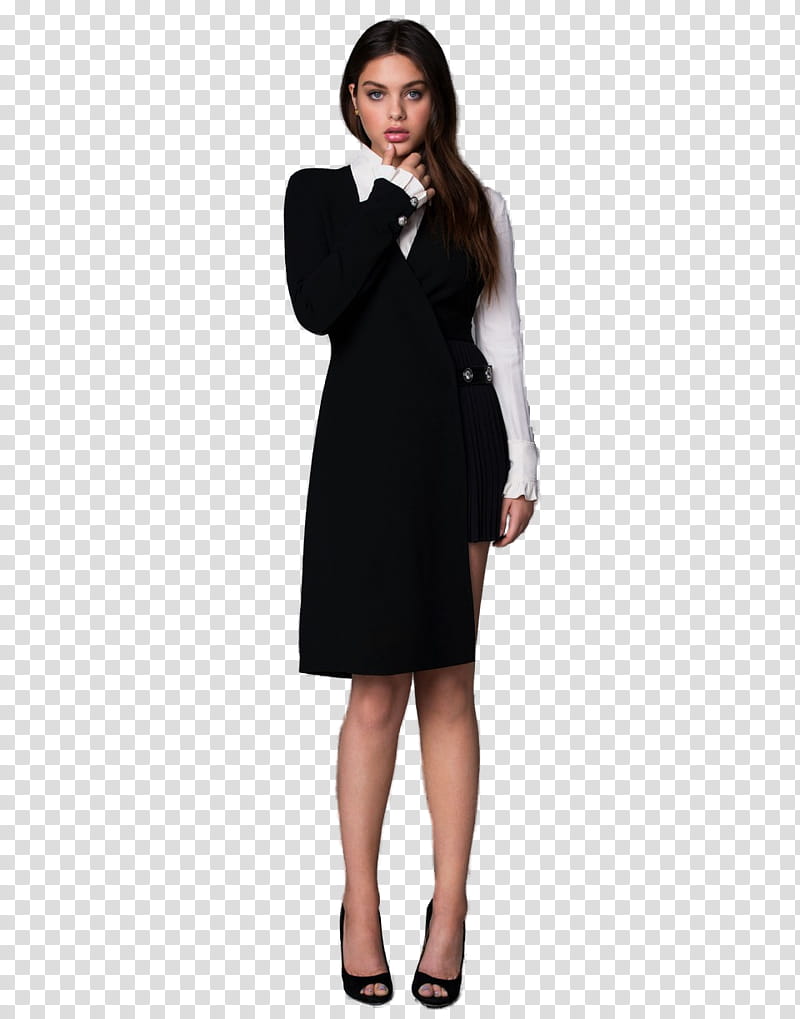 Odeya Rush, woman in black and white long-sleeved mini dress transparent background PNG clipart