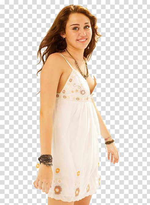 Miley Cyrus, smiling woman in white babydoll dress transparent background PNG clipart