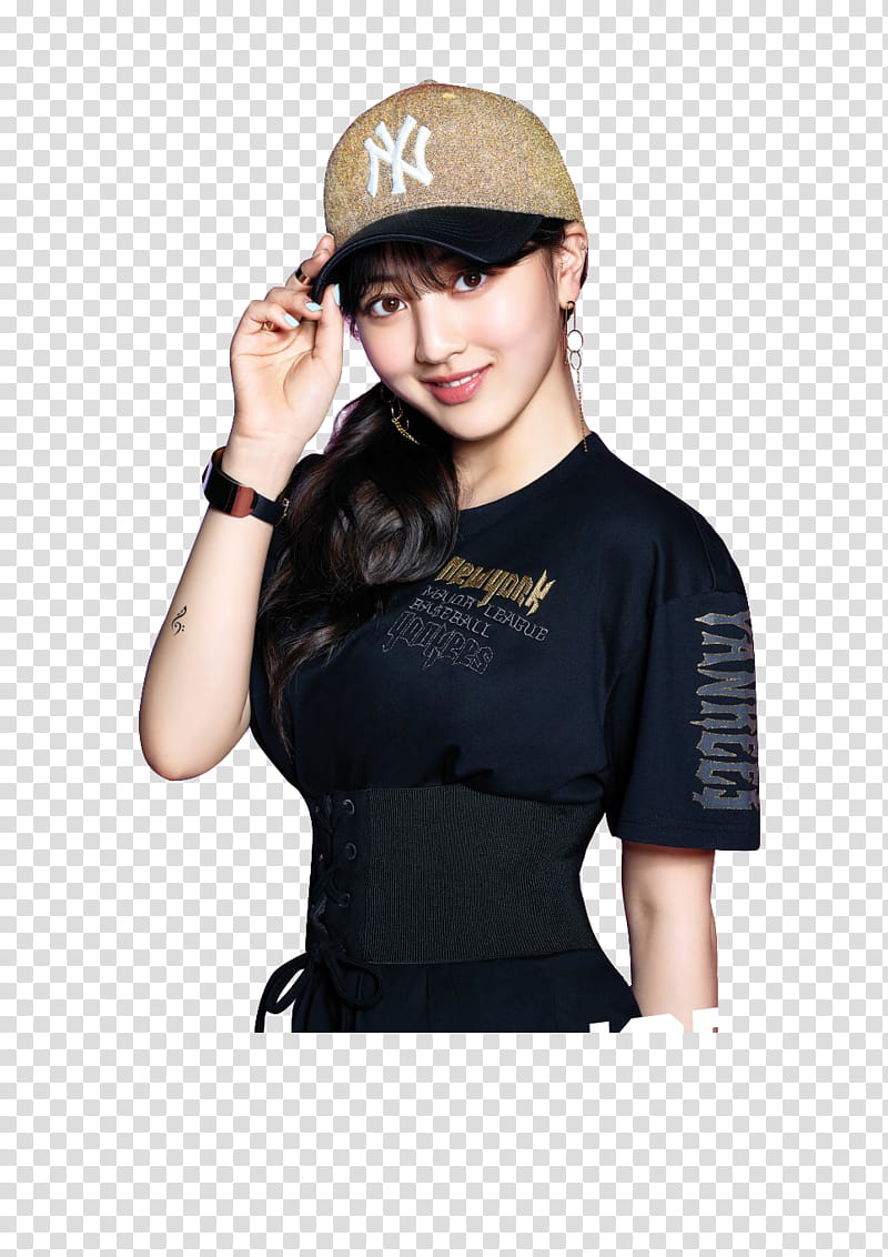 TWICE , smiling woman wearing black shirt and brown New York Yankees cap transparent background PNG clipart