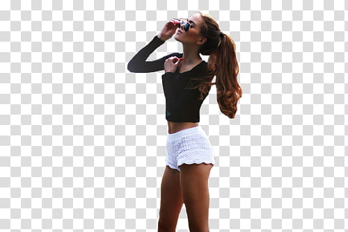 Chicas, woman holding sunglasses wearing black long-sleeved shirt and white shorts transparent background PNG clipart