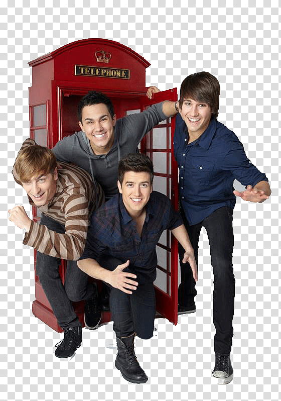 four Big Time Rush cast near red telephone booth transparent background PNG clipart