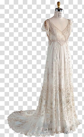 Antique  s, women's white lace deep V-neck cap-sleeved floor-length dress transparent background PNG clipart