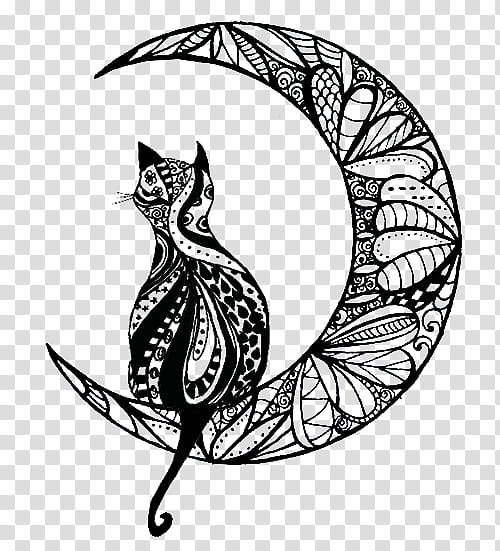 Crescent Moon Drawing, Mandala, Tattoo, Lunar Phase, Mehndi, Doodle, Blackandwhite, Cat transparent background PNG clipart