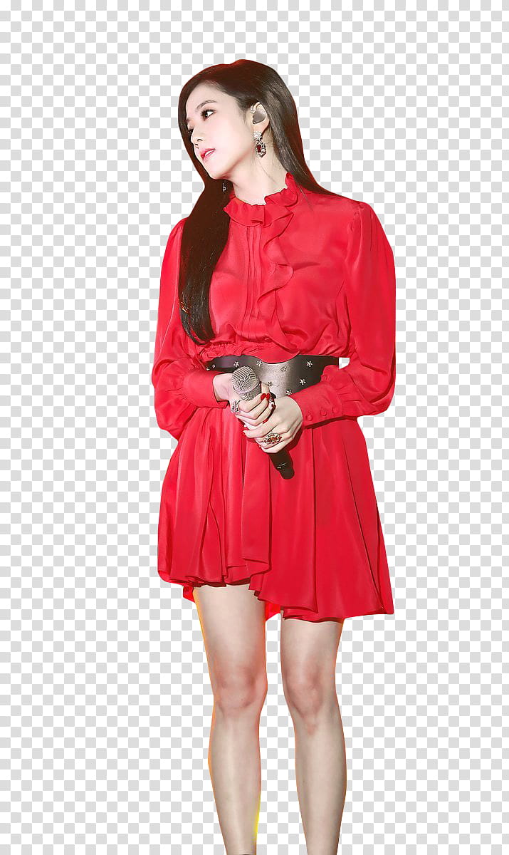 JISOO BLACKPINK, woman wearing red long-sleeved dress holding microphone transparent background PNG clipart