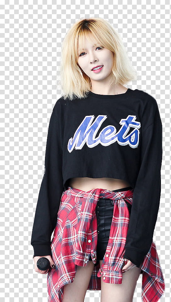 HyunA Minute, cutout of woman in black Mets long-sleeved crop top shirt and black short-shorts transparent background PNG clipart