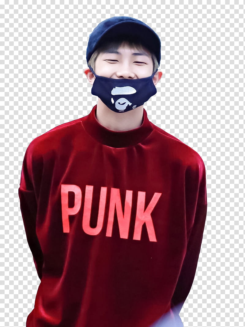 Rap Monster BTS, male K-pop member wearing red sweatshirt transparent background PNG clipart