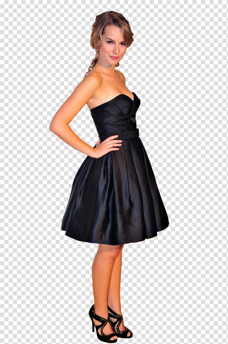 Bridgit Mendler, woman in black sweetheart neckline cocktail gown transparent background PNG clipart