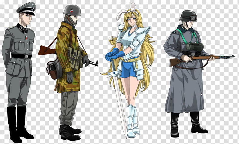 Lastest Drawings, three soldiers and woman in white dress holding sword anime charactger transparent background PNG clipart