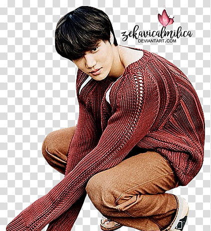 EXO Kai Allure, man in brown knit sweater and brown denim jeans outfit while squatting transparent background PNG clipart