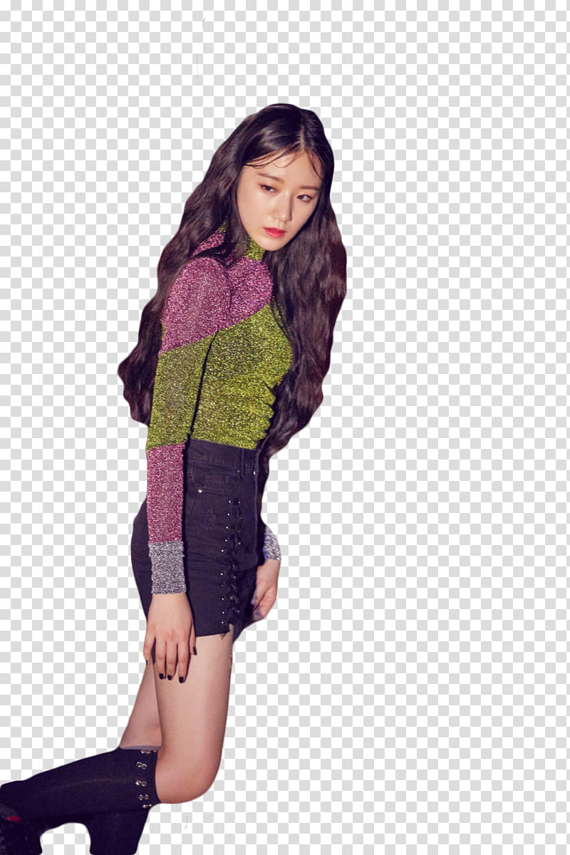 RENDER  G I DLE, woman wearing green and purple sweater and purple miniskirt transparent background PNG clipart