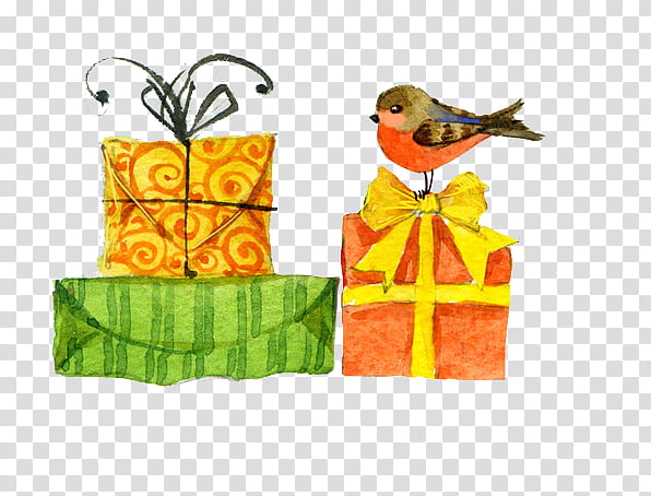 Christmas Resource , brown and orange bird on red gift box art transparent background PNG clipart