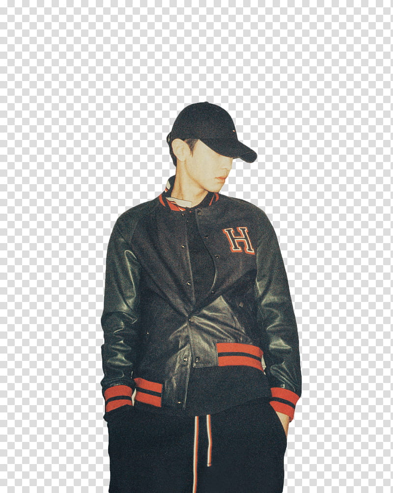 Chanyeol EXO, man wearing black and red letterman jacket transparent background PNG clipart