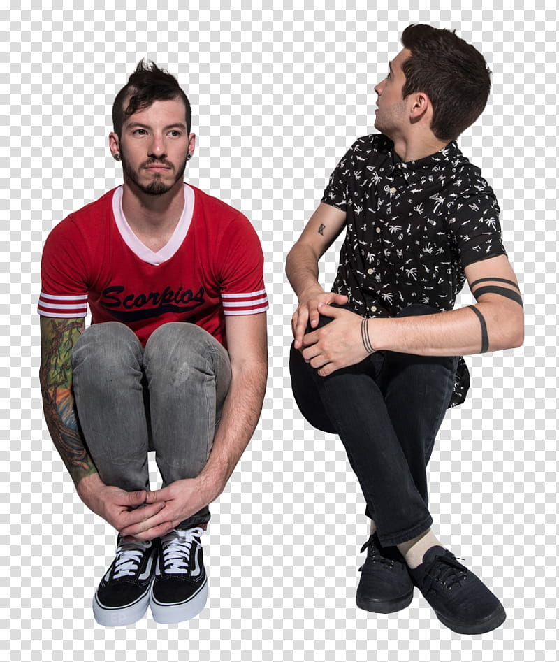 Twenty One Pilots, man wearing red and white V-neck t-shirt sitting transparent background PNG clipart