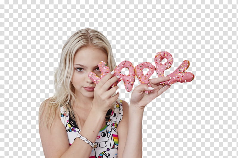 Jordyn Jones, woman holding pink alphabet breads transparent background PNG clipart