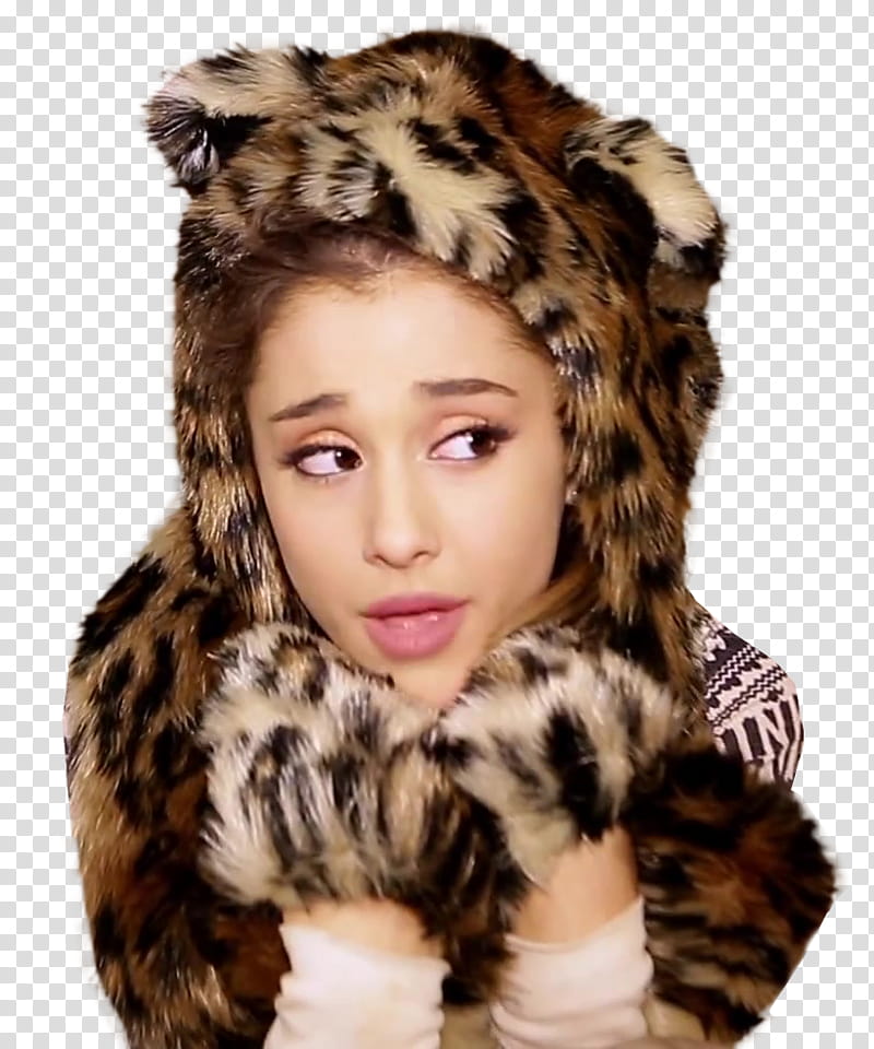 Ariana Grande , woman in brown and black leopard print hoodie transparent background PNG clipart