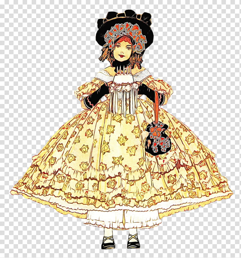 costume design victorian fashion dress doll, Watercolor, Paint, Wet Ink, Style transparent background PNG clipart