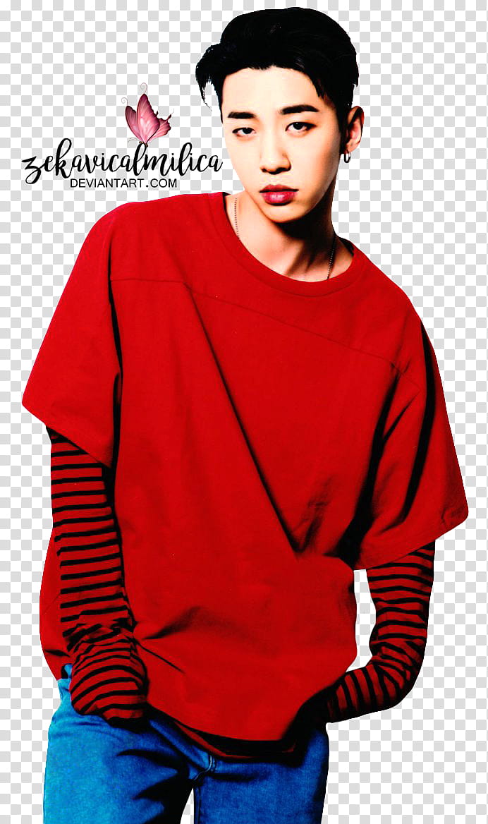 B A P Yongguk Feel So Good JPN, standing man wearing red crew-neck long-sleeved shirt transparent background PNG clipart