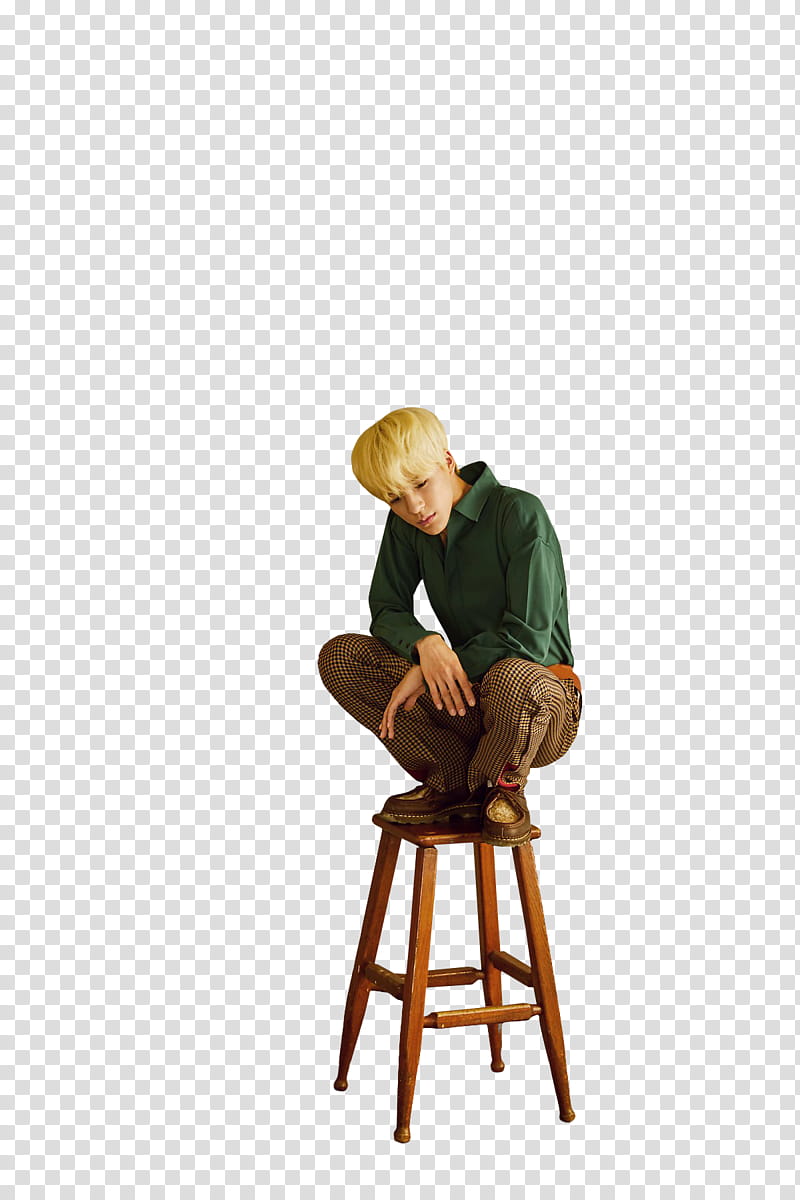 NCT DREAM Grazia, man wearing green polo shirt squatting on brown wooden stool transparent background PNG clipart
